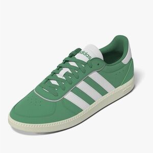 Adidas Breaknet Sleek Green and White Sneakers with light pink pipping.